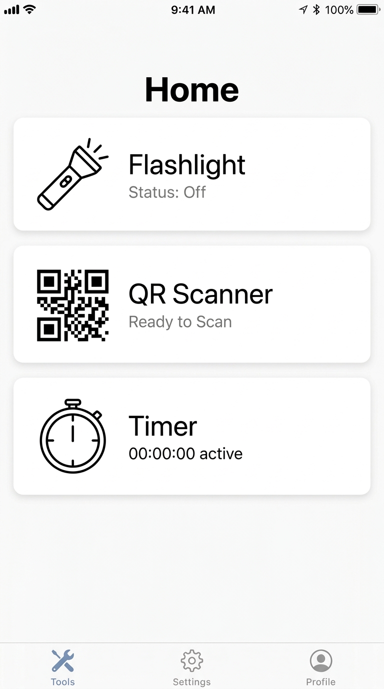 QuickKit Home screen showing Flashlight, QR Scanner, and Timer